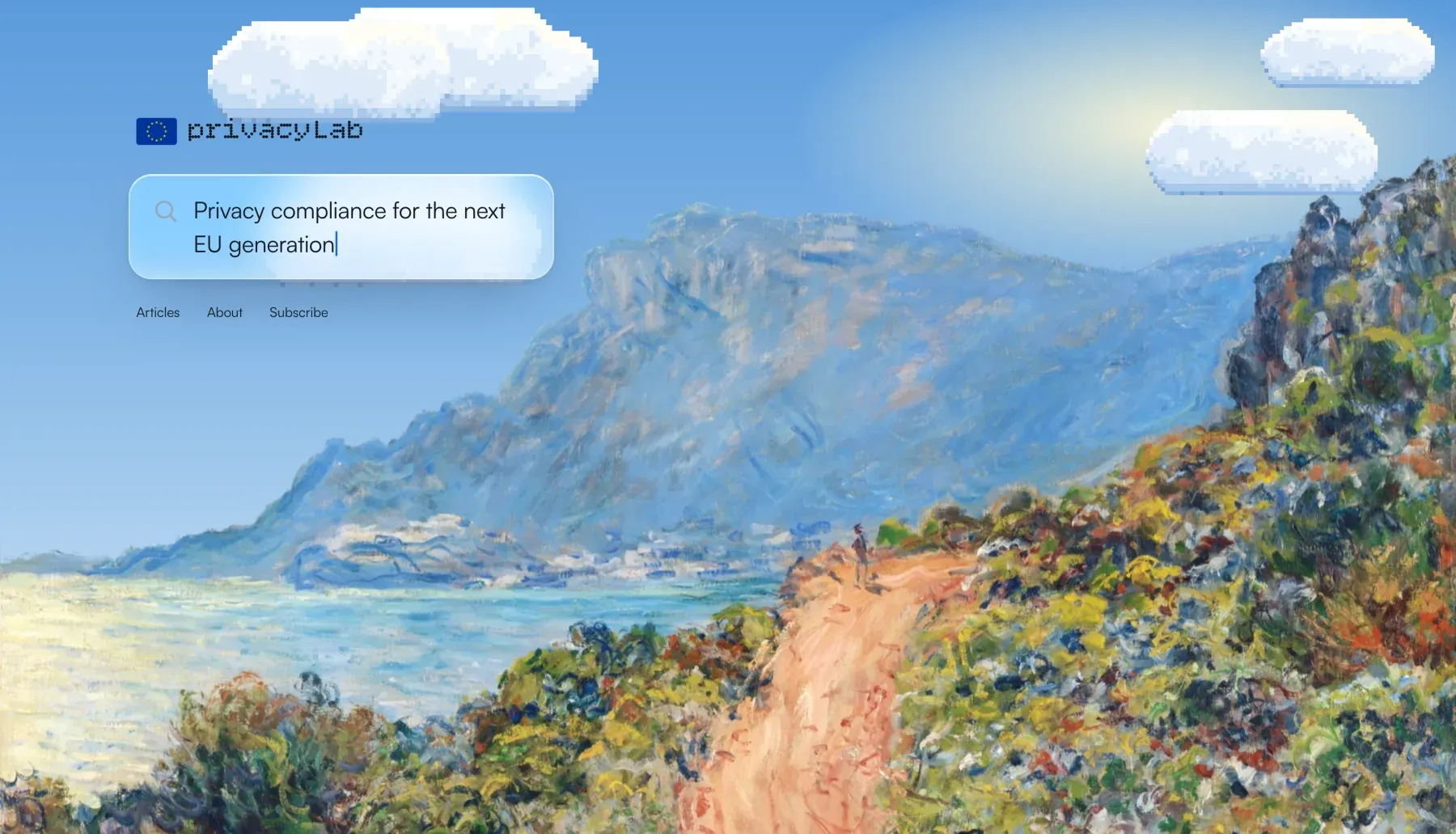 EU Privacy Lab hero, pixel clouds over a Monet coastal painting