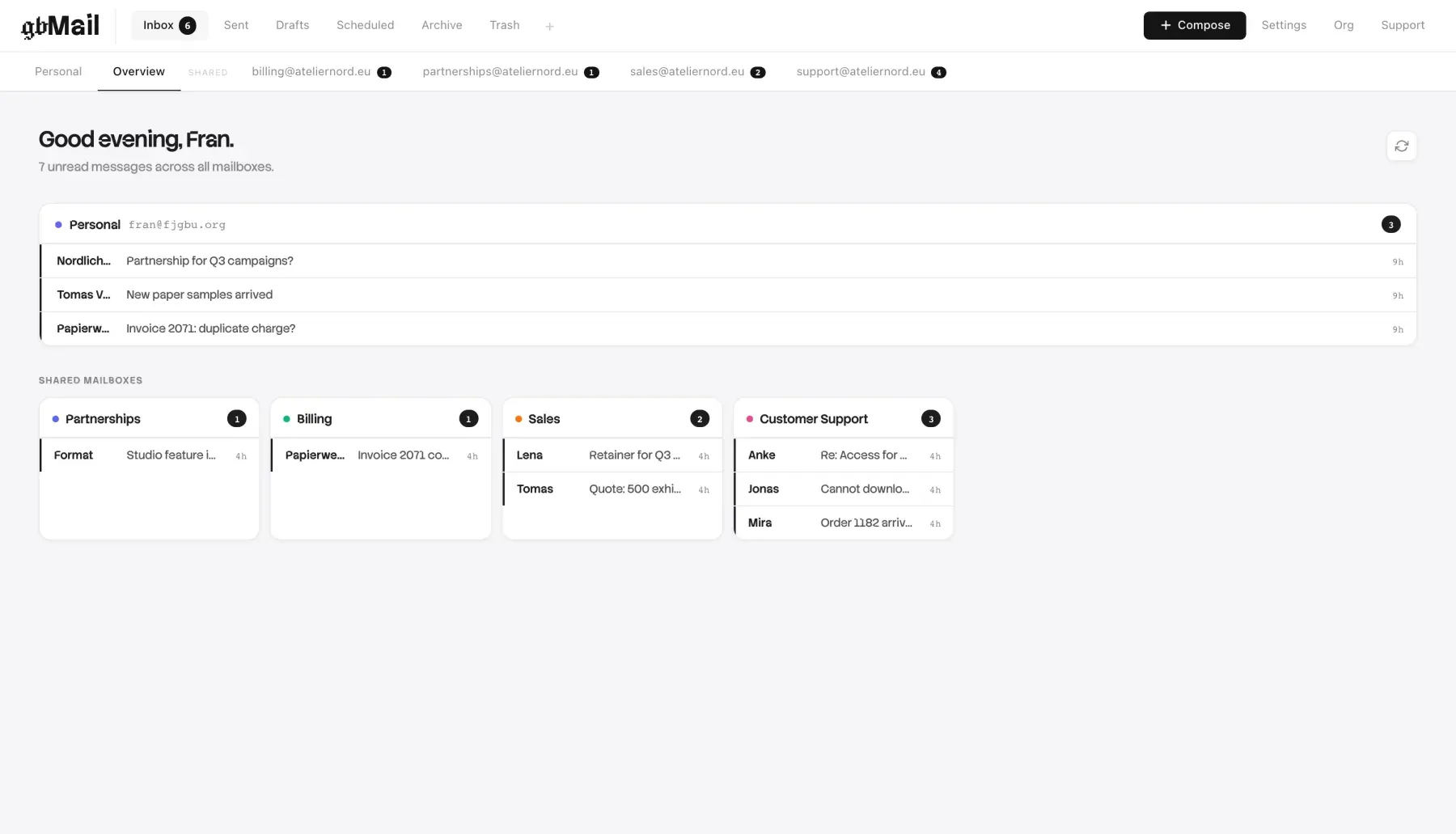gbMail overview with personal and shared mailboxes