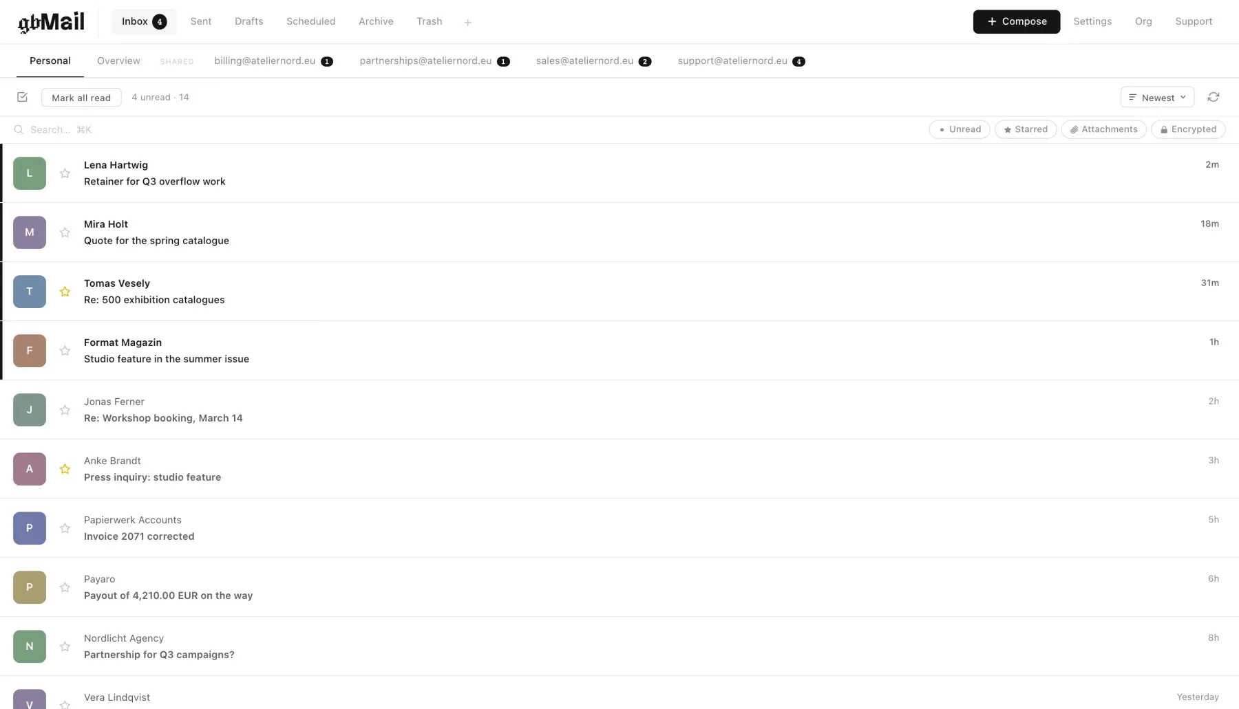 gbMail team inbox with encrypted messages