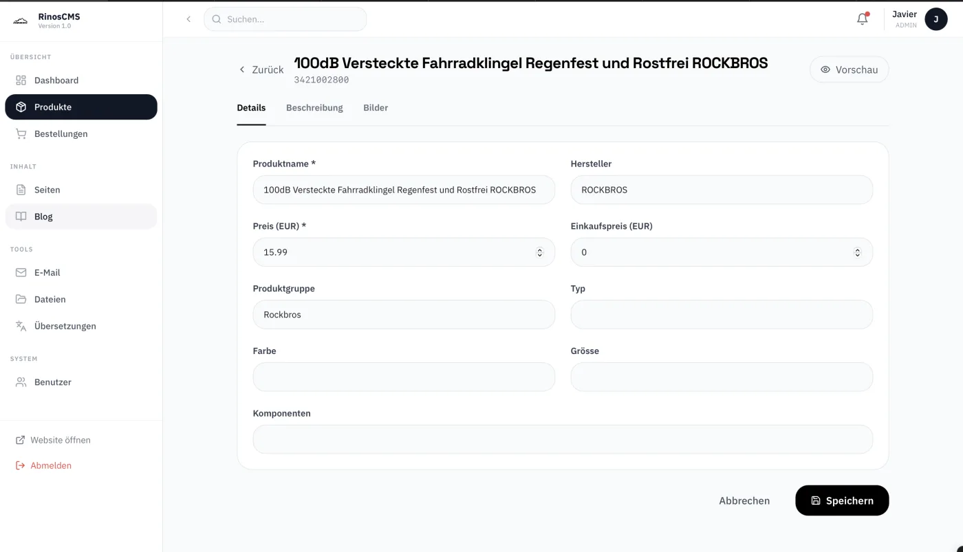 RinosCMS admin product editor